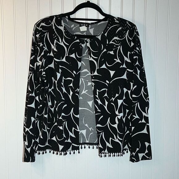 MSK Cropped Jacket Women’s Large Black And White Beaded Hem Classiccore Cottag - Picture 1 of 11